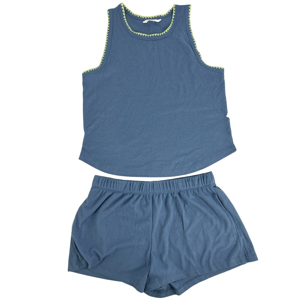 Honeydew Intimates Kickback Tank Shortie Set Blue Waffle Knit Pajamas Large NWT